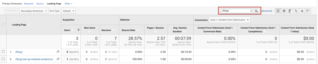 Measuring the performance of your blog post with Google Analytics | Using the Search Bar to Filter Your Report
